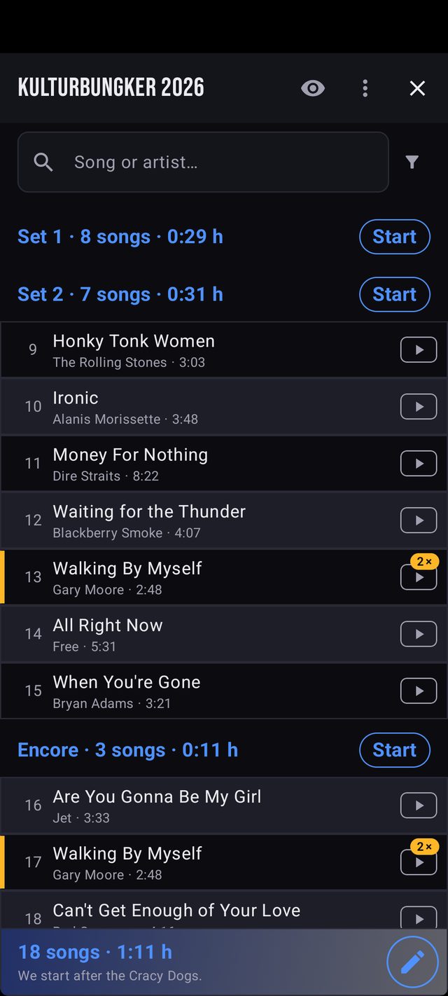 Setliste „Kulturbunker 2026“ in der Android-App: zwei Sets und Zugabe, je mit Anzahl Songs, Dauer und Start-Knopf