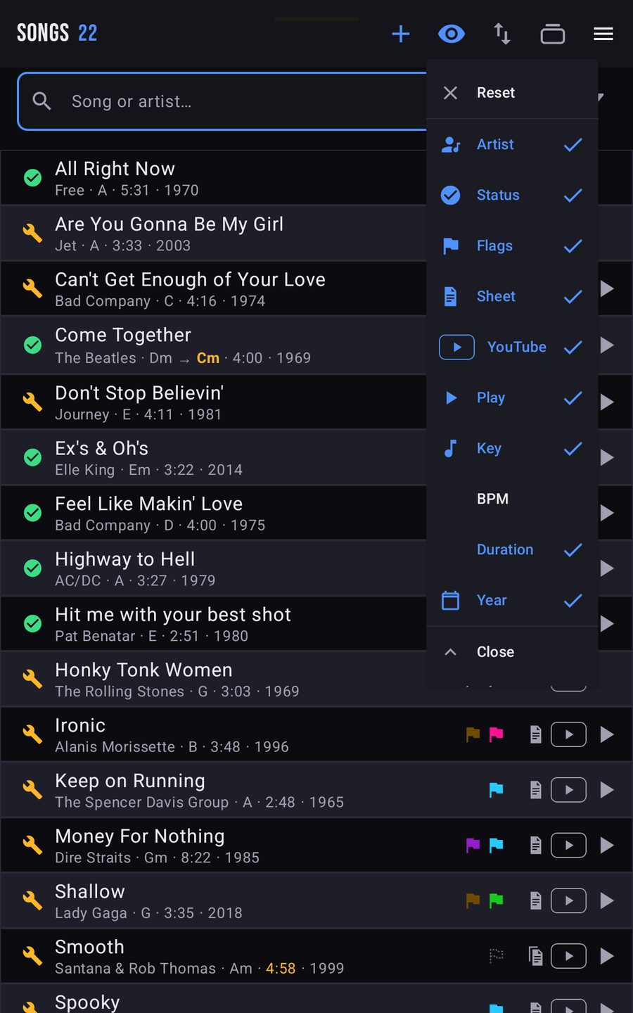 Songliste der Band auf dem Tablet mit Künstler, Tonart, Länge, Jahr, Status und Flags