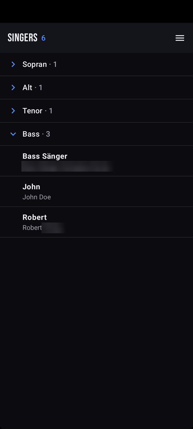 Sänger eines Chors nach Stimmen gegliedert: Sopran, Alt, Tenor und Bass